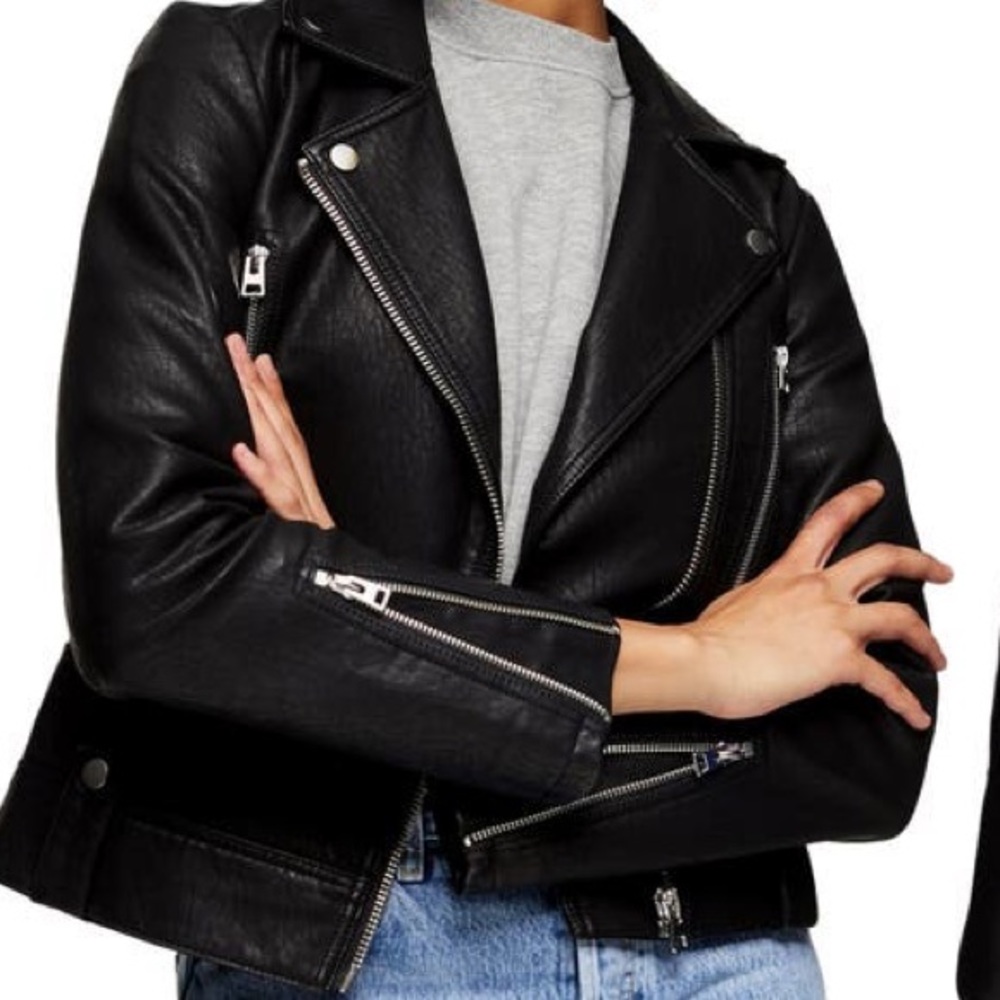 Topshop Black Faux Leather Jacket, size 2